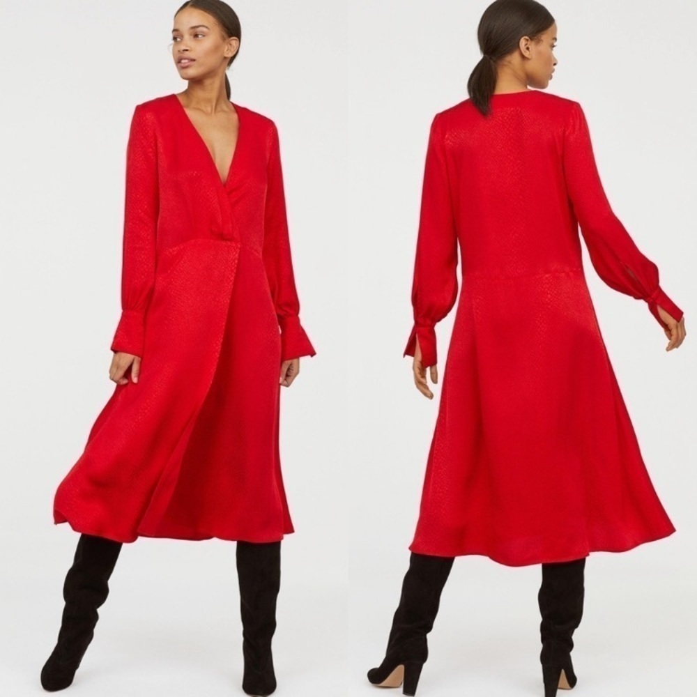 H&M Red Jacquard Weave Snake Faux Wrap Print Red Long Dress Size 8